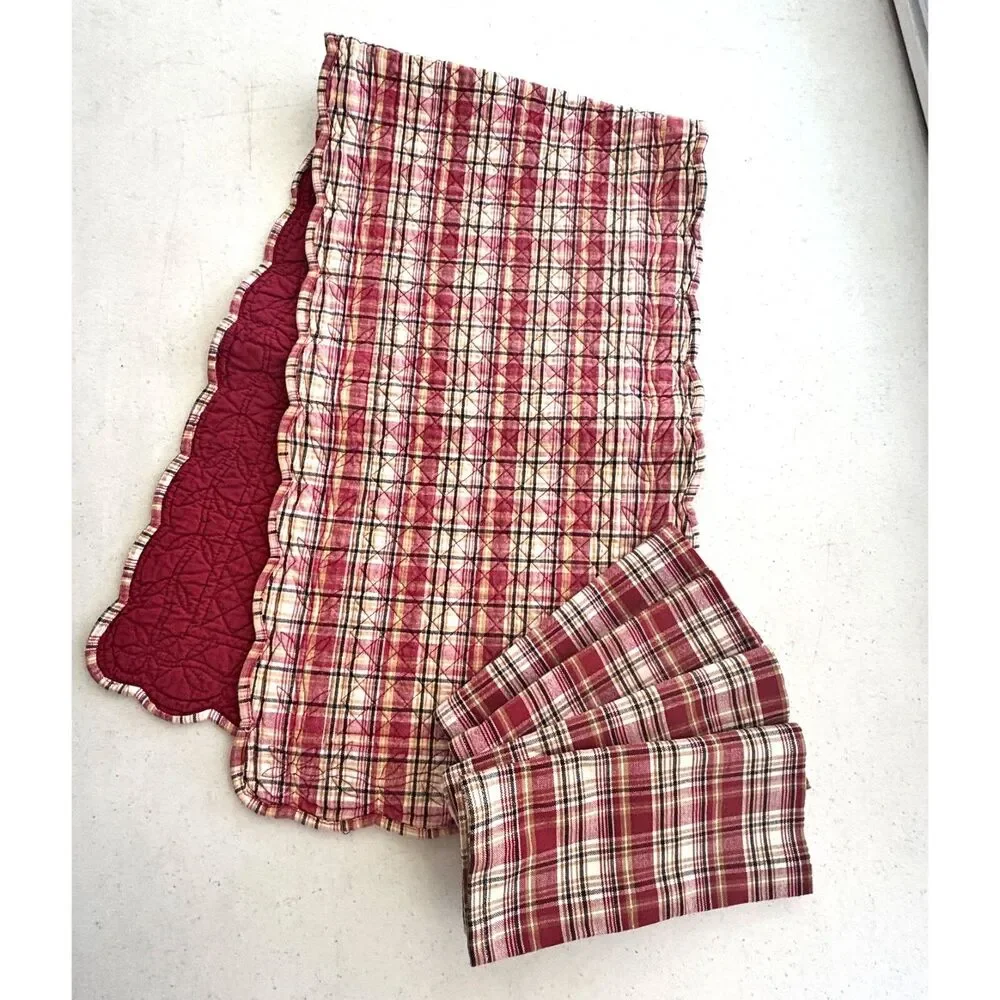 Red Plaid Farmhouse Runner Napkins Quilted Country Primitive - Picture 1 of 6